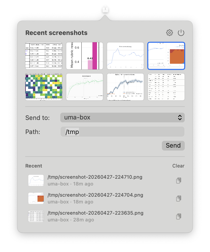 screencp popover showing a thumbnail grid of recent screenshots, a host picker, and a path field